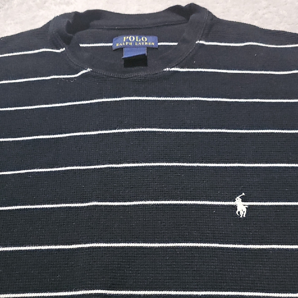 Polo by Ralph Lauren Black And White Striped Thermal-Knit Sleep Shirt
